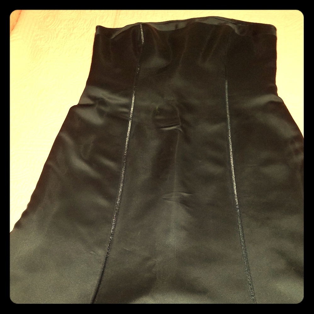 Satin tuxedo strapless dress.